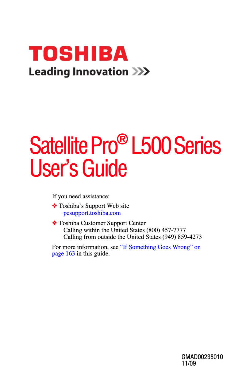 Page 1 de la notice Manuel utilisateur Toshiba Satellite Pro L500