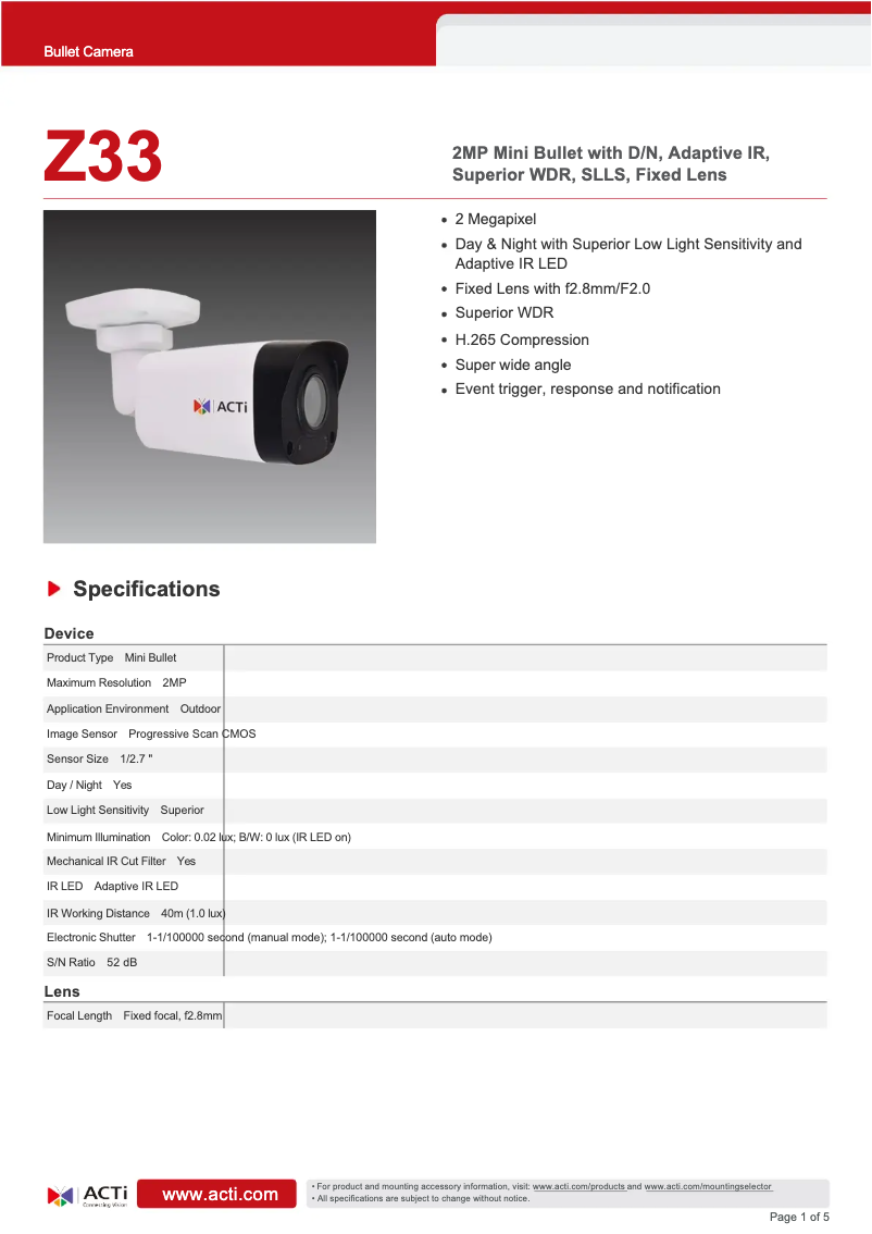 Page 1 de la notice Fiche technique ACTi Z33