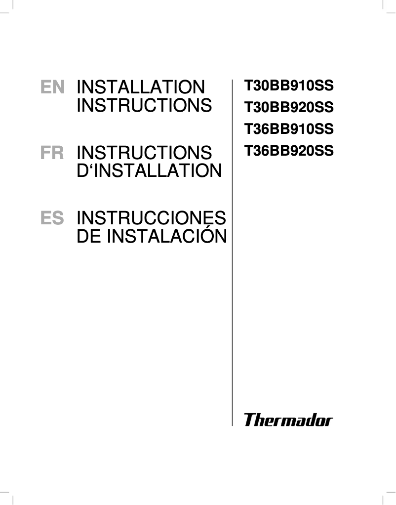 Page 1 of the manual Installation Guide Thermador T30BB910SS