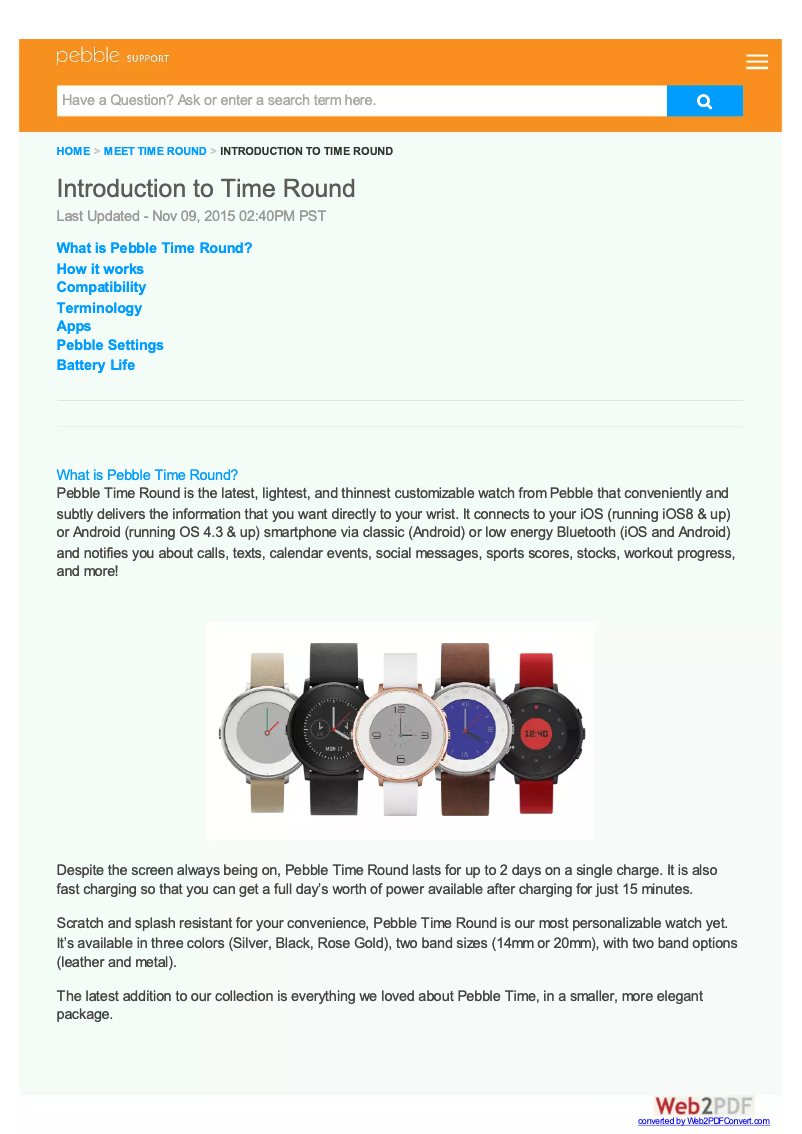 Page 1 de la notice Manuel utilisateur Pebble Time Round