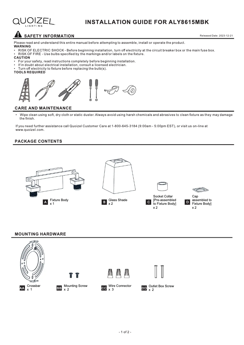 Page 1 de la notice Manuel utilisateur Quoizel Almany ALY8615MBK