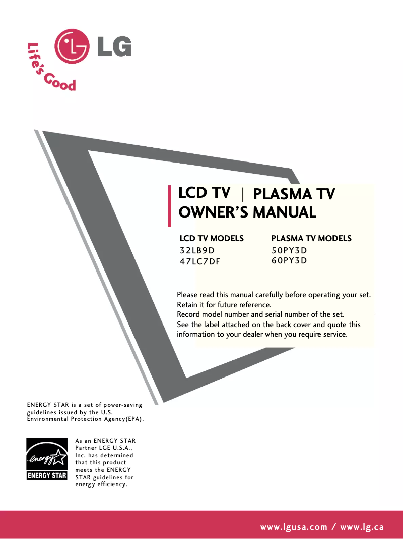 Page 1 de la notice Manuel utilisateur LG 50PY3D