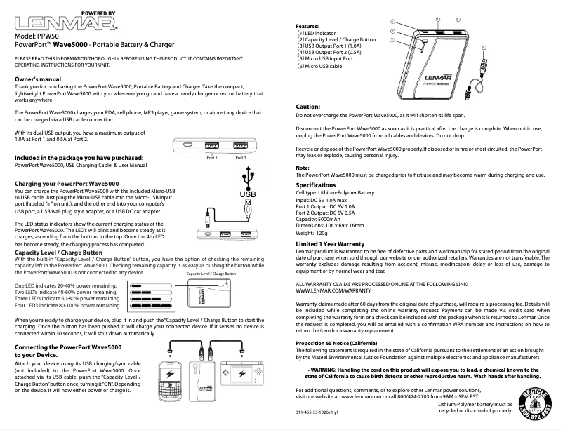 Page 1 de la notice Manuel utilisateur Lenmar PowerPort Wave 5000