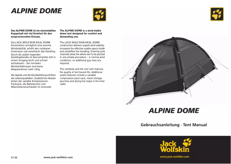 Page 1 de la notice Manuel utilisateur Jack Wolfskin Alpine Dome