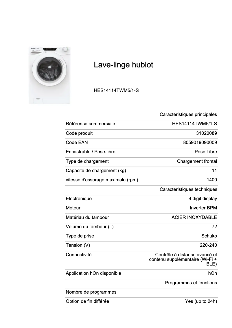 Page 1 de la notice Fiche technique Candy HES14114TWM5/1-S