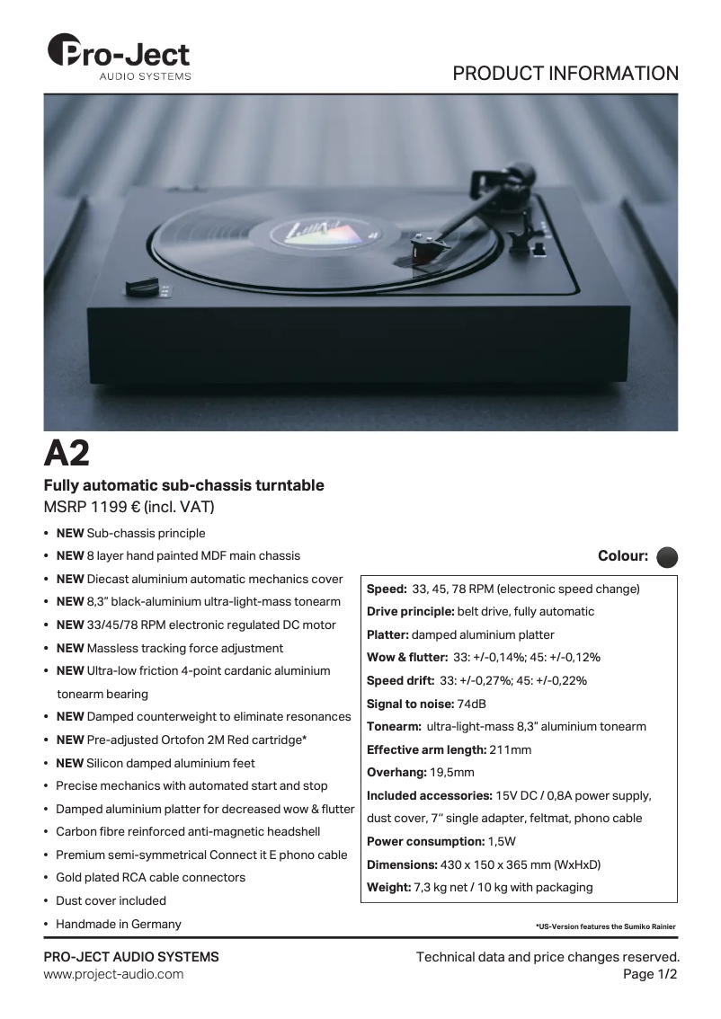 Page n°1 - Fiche technique Pro-Ject A2