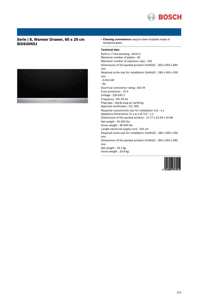 Page 1 de la notice Fiche technique Bosch BID630NS1