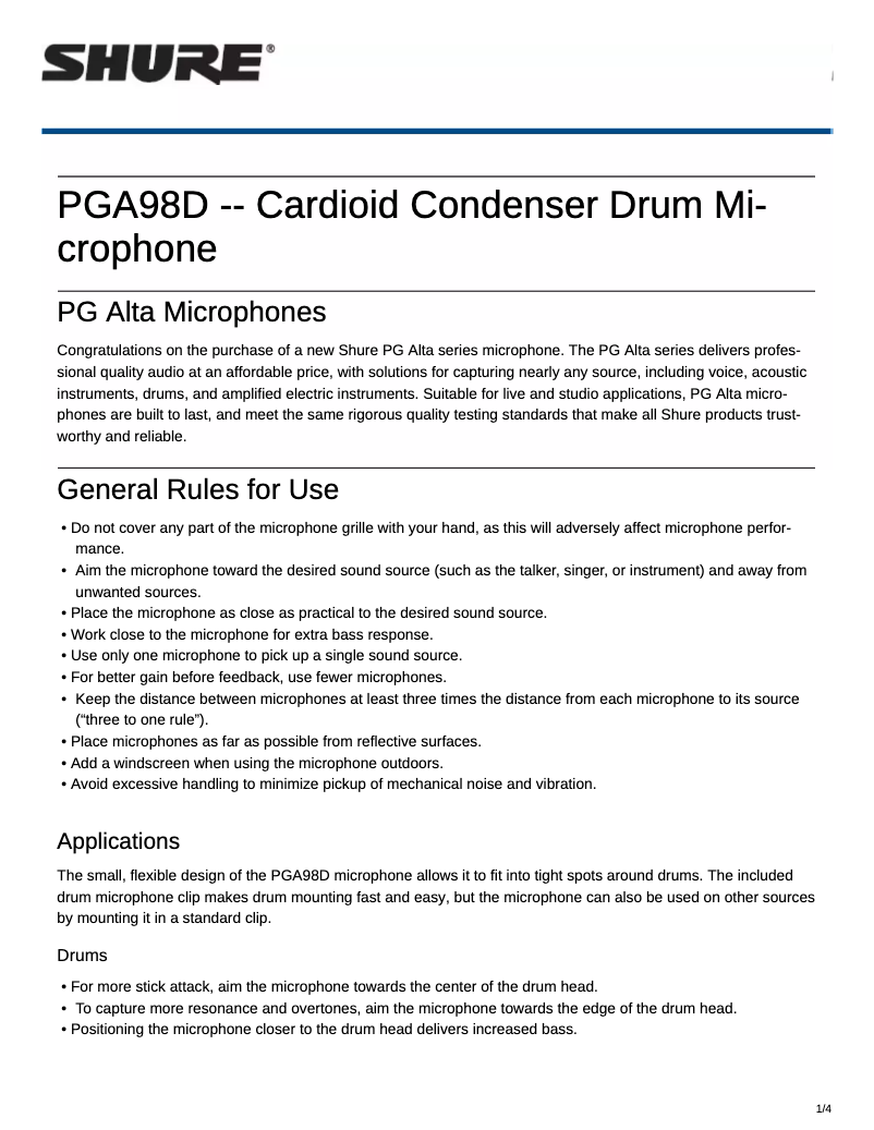 Page n°1 - Manuel utilisateur Shure PGA98D-98D