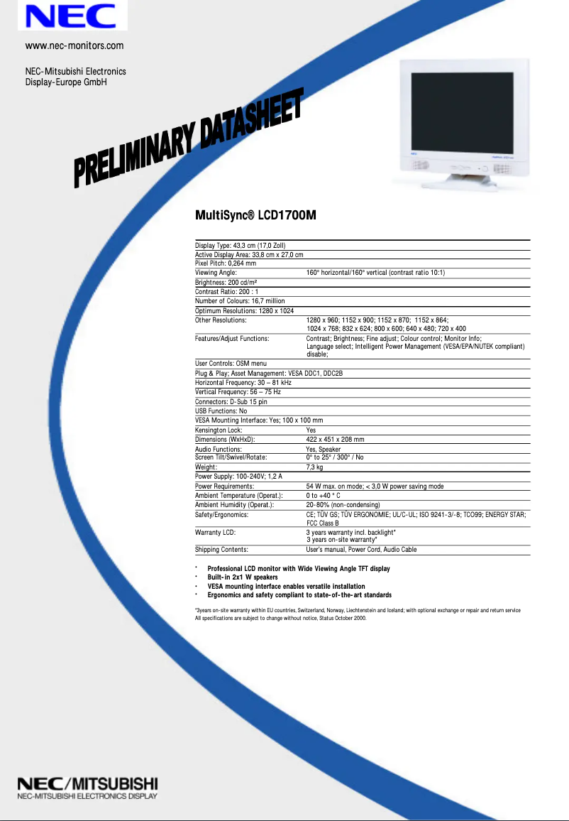 Imagen de la primera página del manual del dispositivo MultiSync LCD1700M