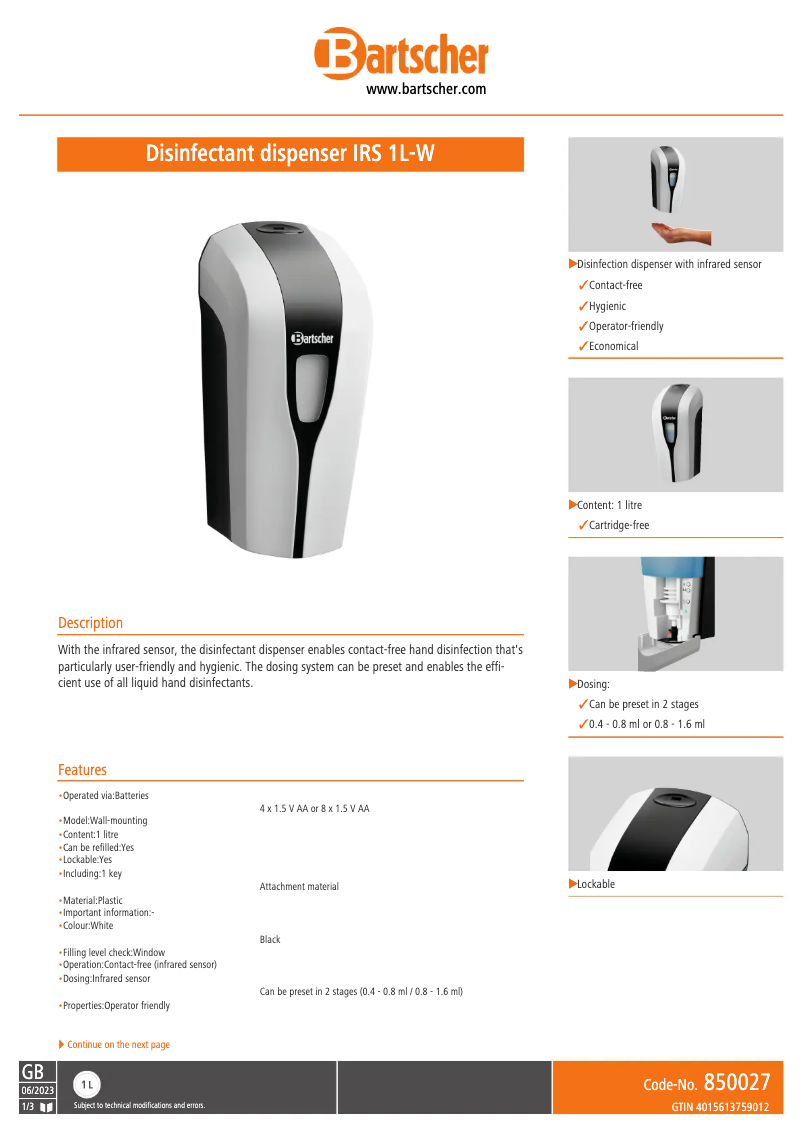 Page n°1 - Fiche technique Bartscher IRS 1L-W