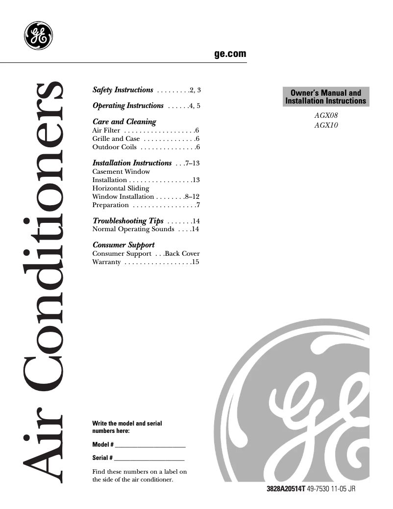 Page n°1 - Manuel d'utilisation et d'entretien GE AGX08FB