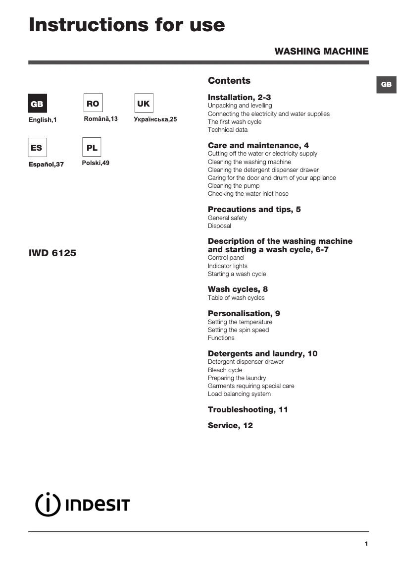 Page n°1 - Manuel utilisateur Indesit IWD 6125 (EU)