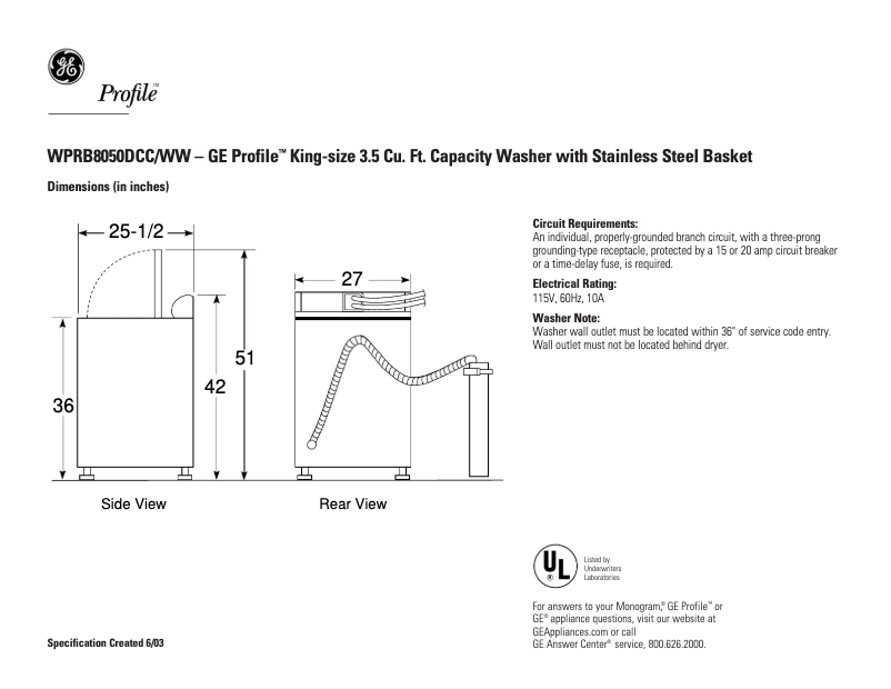 Page n°1 - Fiche technique GE Profile WPRB8050DCC