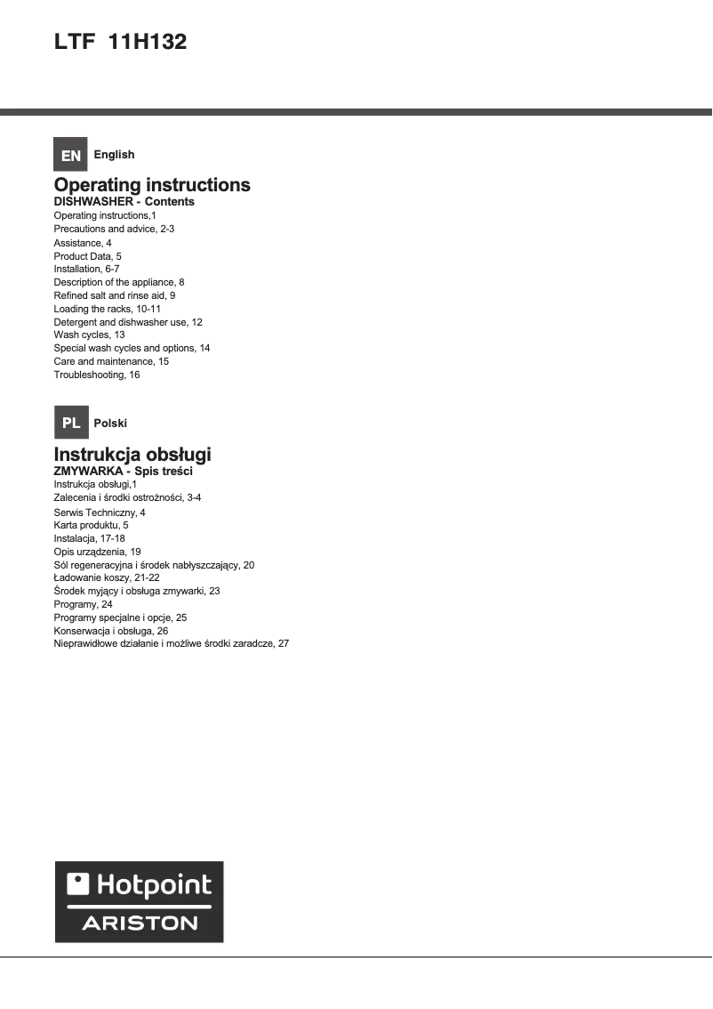 Page 1 de la notice Manuel utilisateur Hotpoint Ariston LTF 11H132