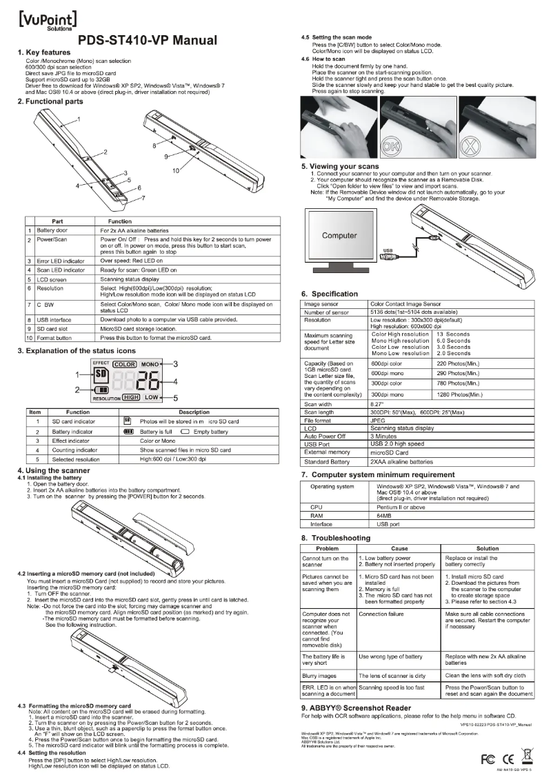 Página 1 del manual Manual de usuario Vupoint Solutions PDS-ST410-VP