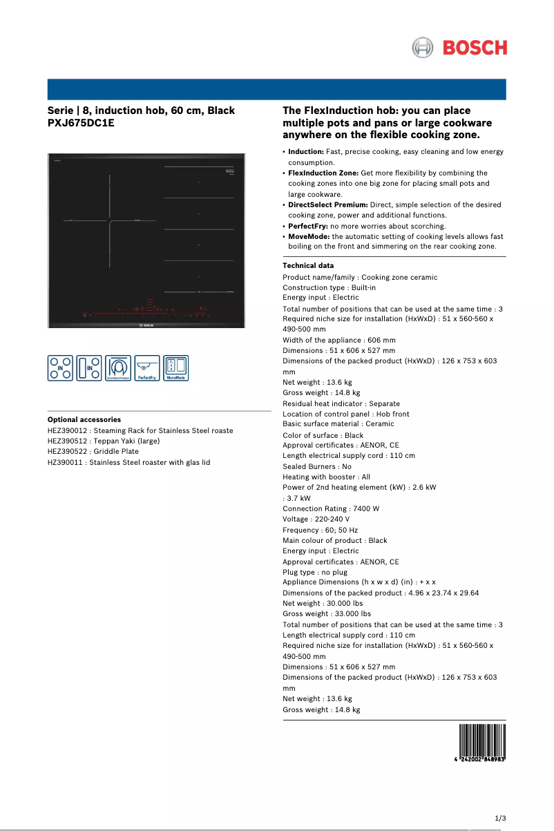 Page 1 de la notice Fiche technique Bosch PXJ675DC1E