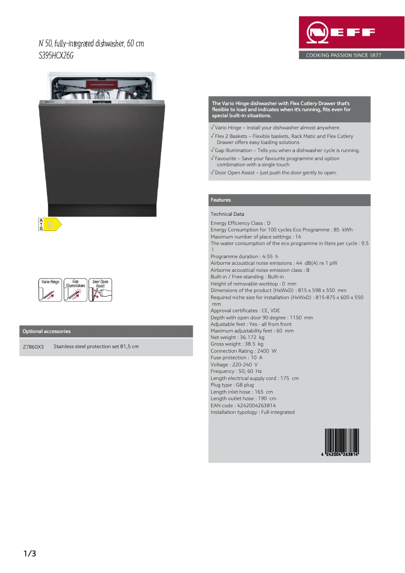 Page 1 de la notice Fiche technique Neff S395HCX26G