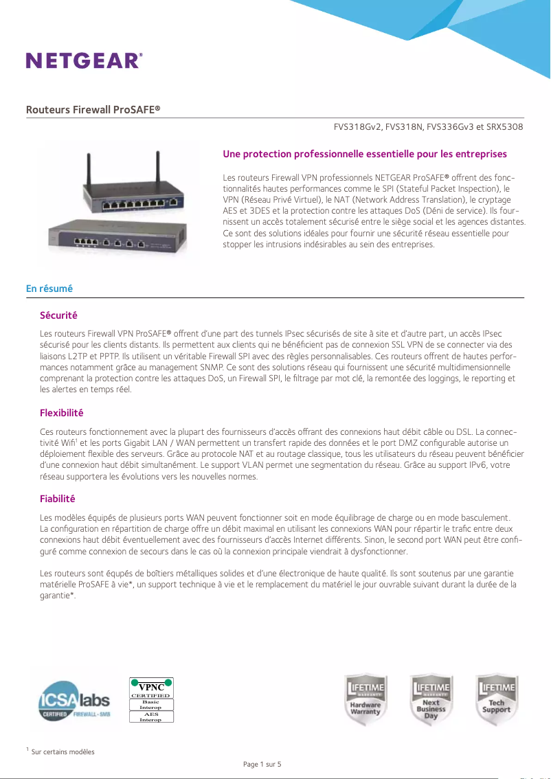 Page 1 de la notice Fiche technique Netgear FVS318N