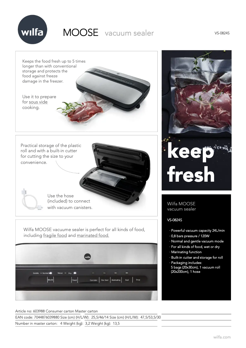 Page 1 de la notice Fiche technique Wilfa Moose VS-0824S