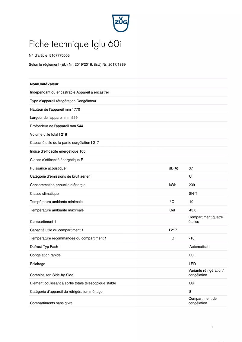Page 1 de la notice Fiche technique V-Zug Iglu 60i