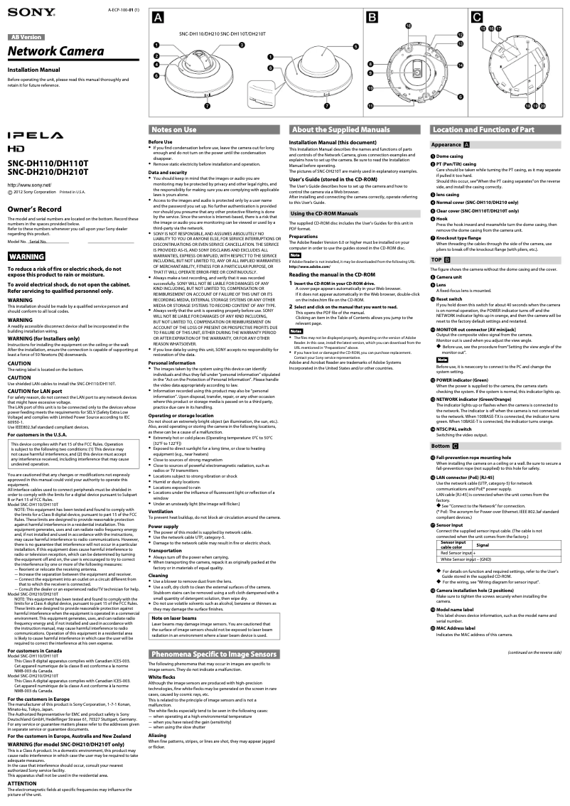Page 1 de la notice Guide d'installation Sony SNC-DH110