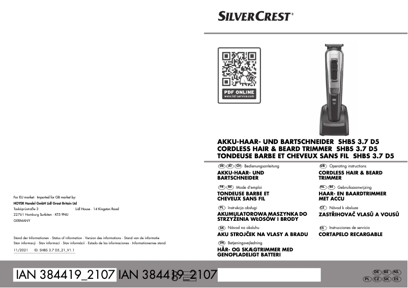 Page n°1 - Manuel utilisateur SilverCrest SHBS 3.7 D5