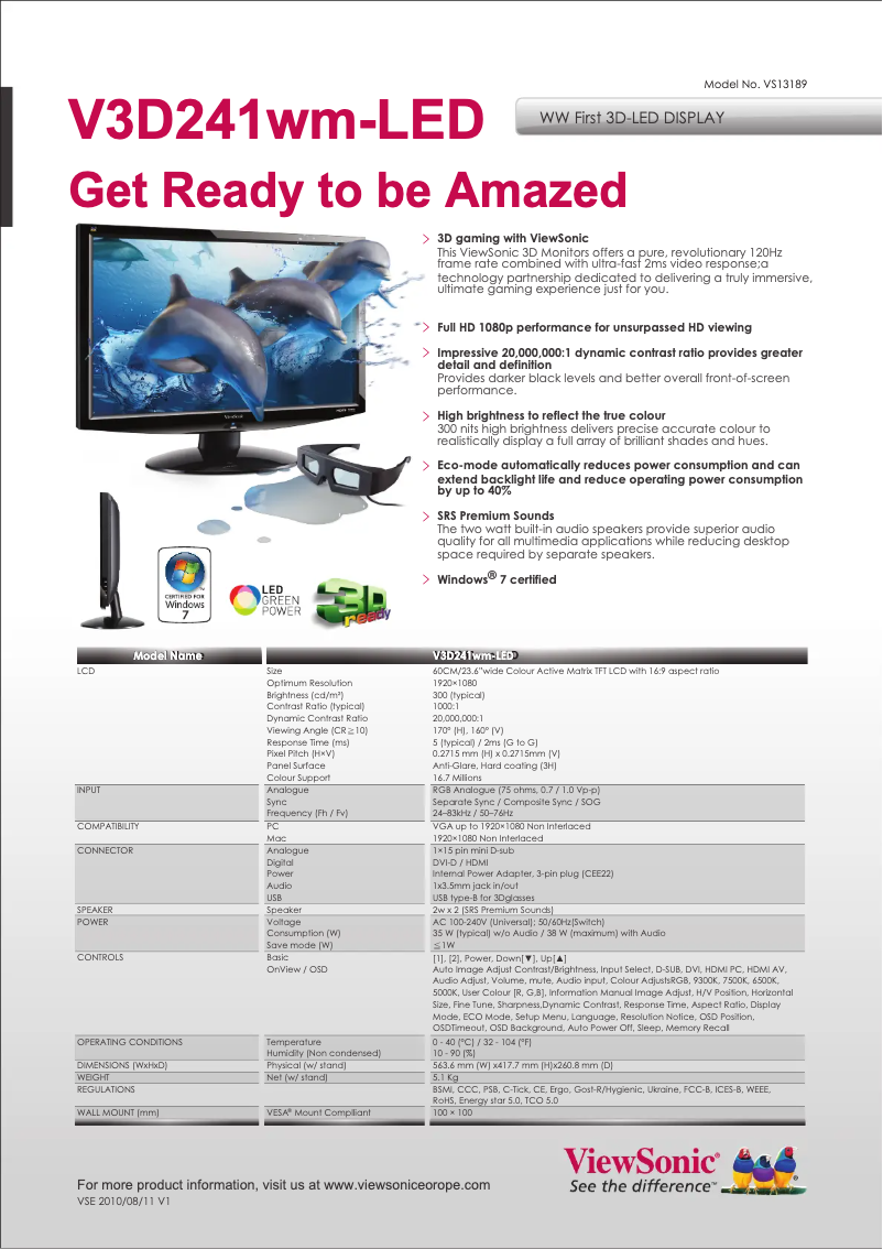 Page 1 de la notice Manuel utilisateur Viewsonic V3D241WM-LED