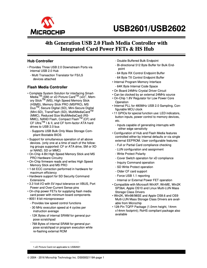 Page 1 de la notice Fiche technique Microchip USB2602