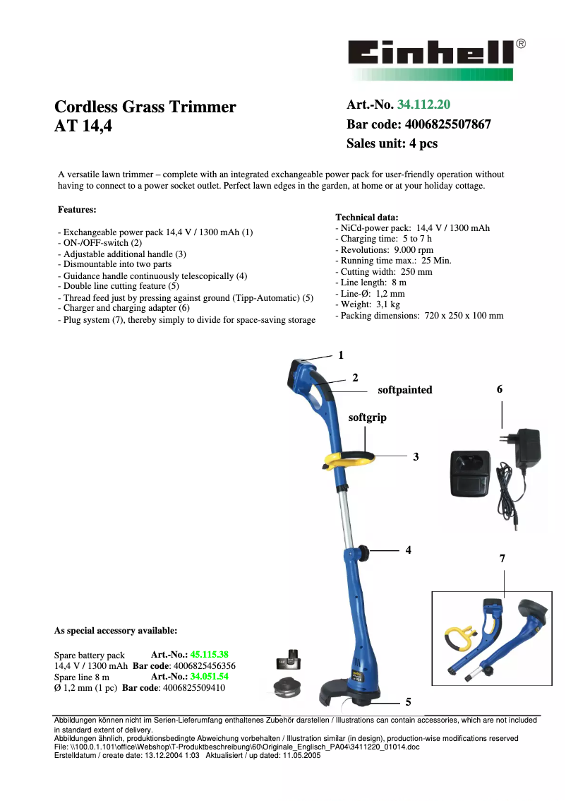 Page 1 de la notice Fiche technique Einhell Royal AT 144