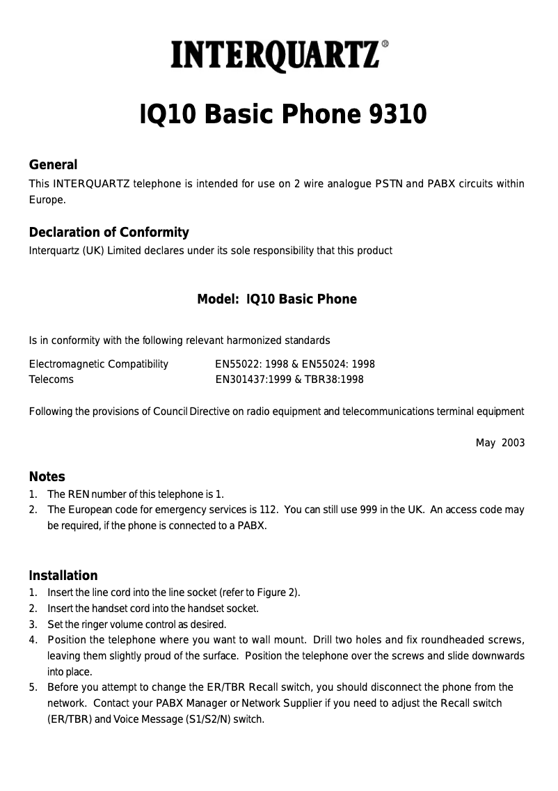 Page n°1 - Manuel utilisateur Interquartz 9310B7