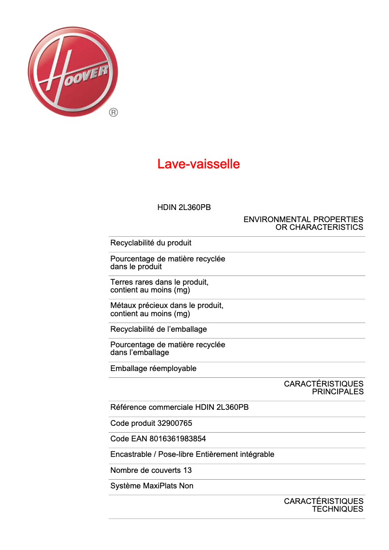 Página 1 del manual Ficha técnica Hoover HDIN 2L360PB-80