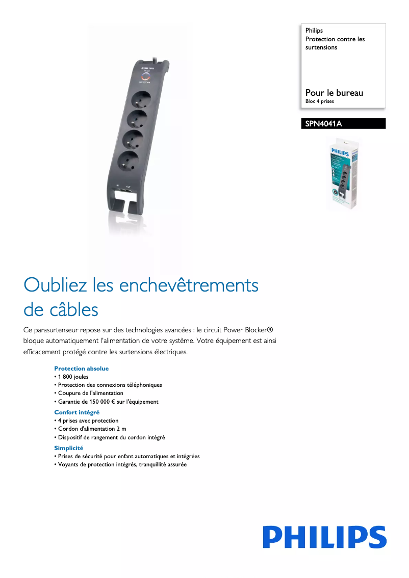 Page 1 de la notice Fiche technique Philips SPN4041A