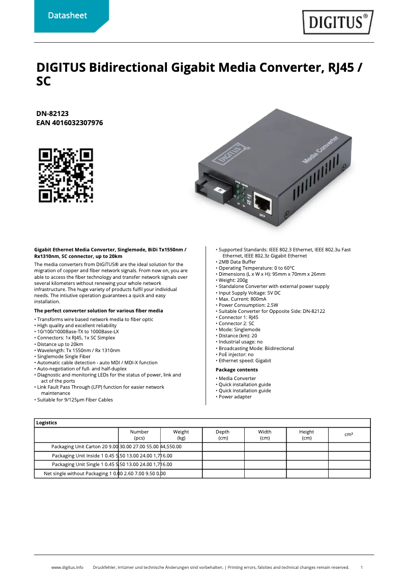 Page 1 de la notice Fiche technique Digitus DN-82123