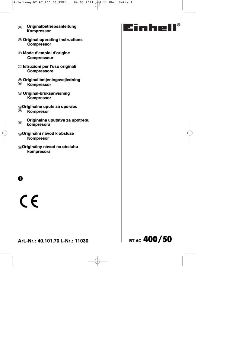Page 1 de la notice Mode d'emploi Einhell BT-AC 400/50