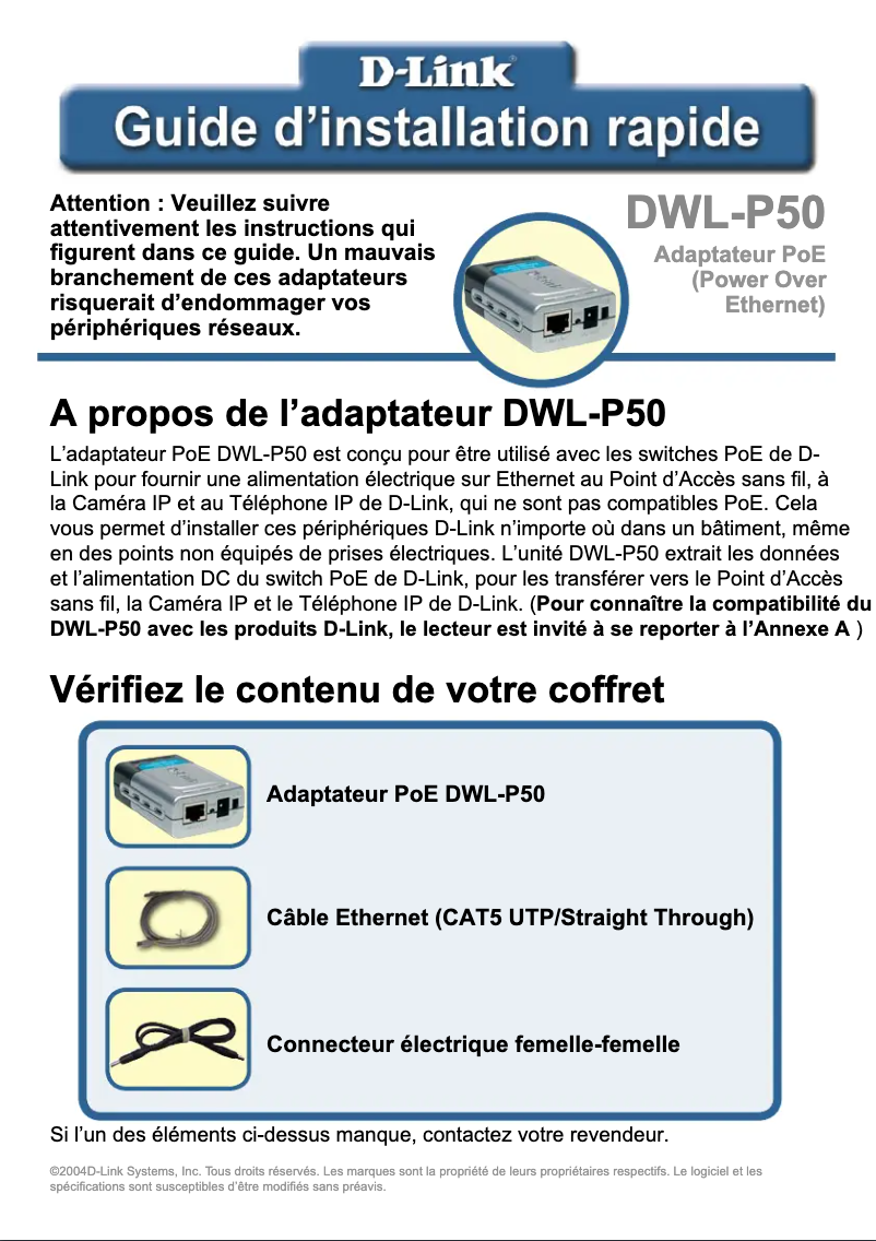 Page n°1 - Guide de démarrage rapide D-Link DWL-P50