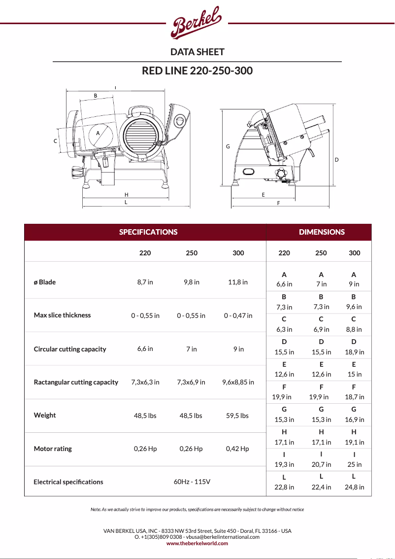 Page 1 de la notice Fiche technique Berkel Red Line 300
