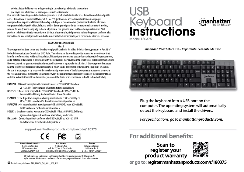 Page 1 de la notice Manuel utilisateur Manhattan 180375