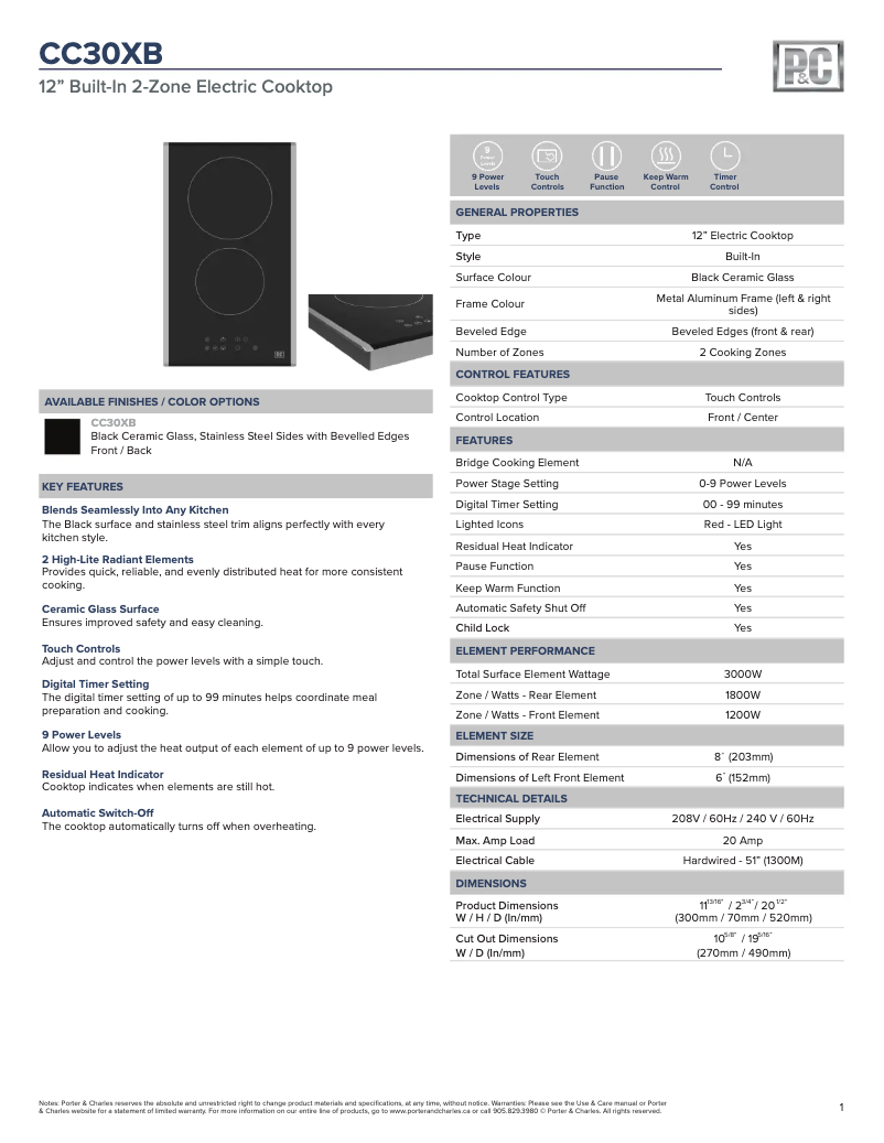 Page 1 de la notice Fiche technique Porter & Charles CC30XB