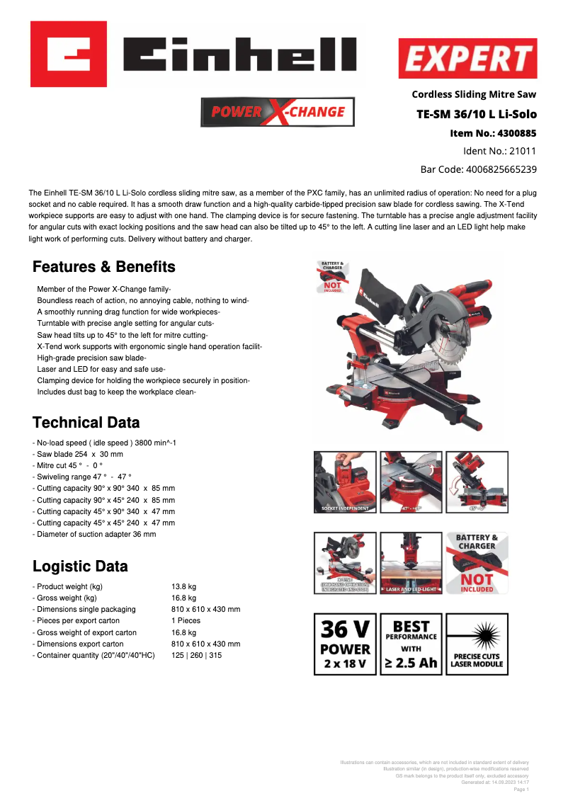 Página 1 del manual Ficha técnica Einhell TE-SM 36/10 L Li
