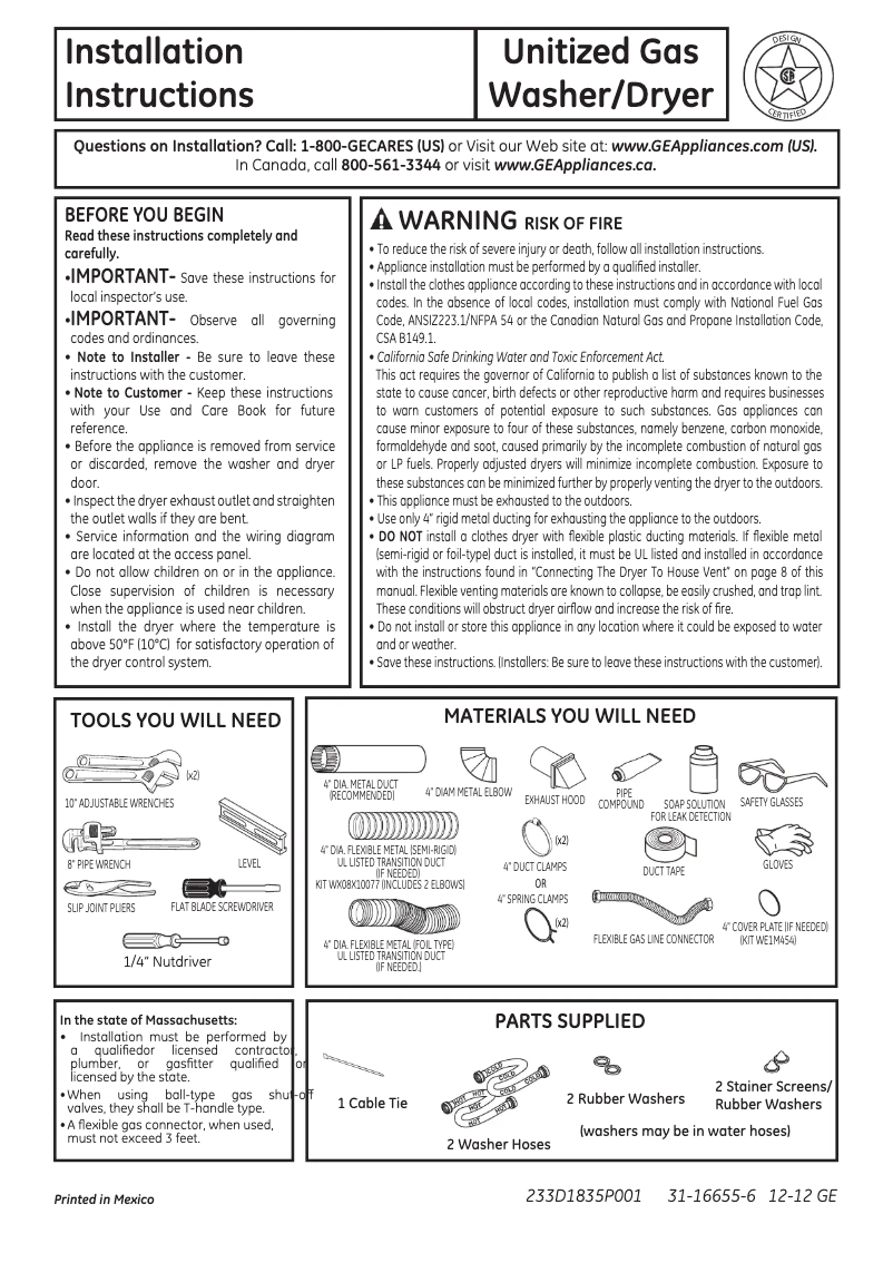 Página 1 del manual Guía de instalación GE Unitized Spacemaker GTUN275GMWW