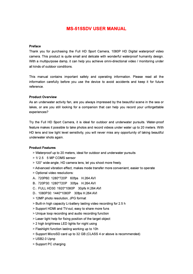 Page n°1 - Manuel utilisateur Movesafe MS-515SDV