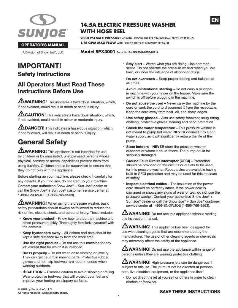 Page 1 de la notice Manuel utilisateur Sun Joe SPX3001