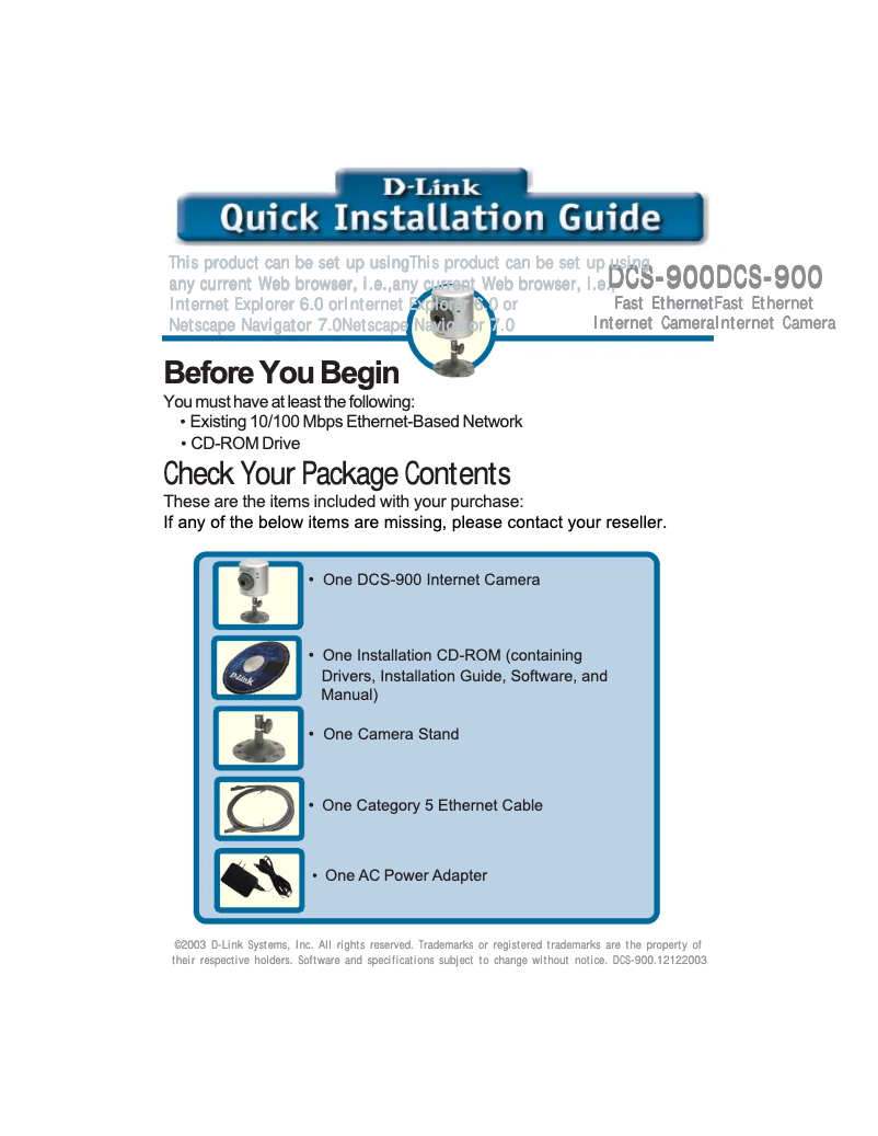 Page 1 de la notice Guide d'installation D-Link DCS-900
