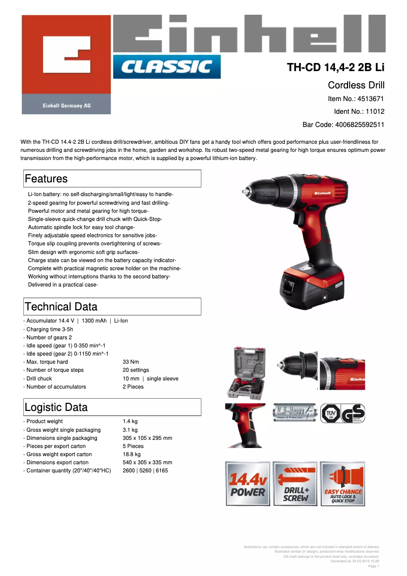 Page 1 de la notice Fiche technique Einhell TH-CD 14,4-2 2B Li