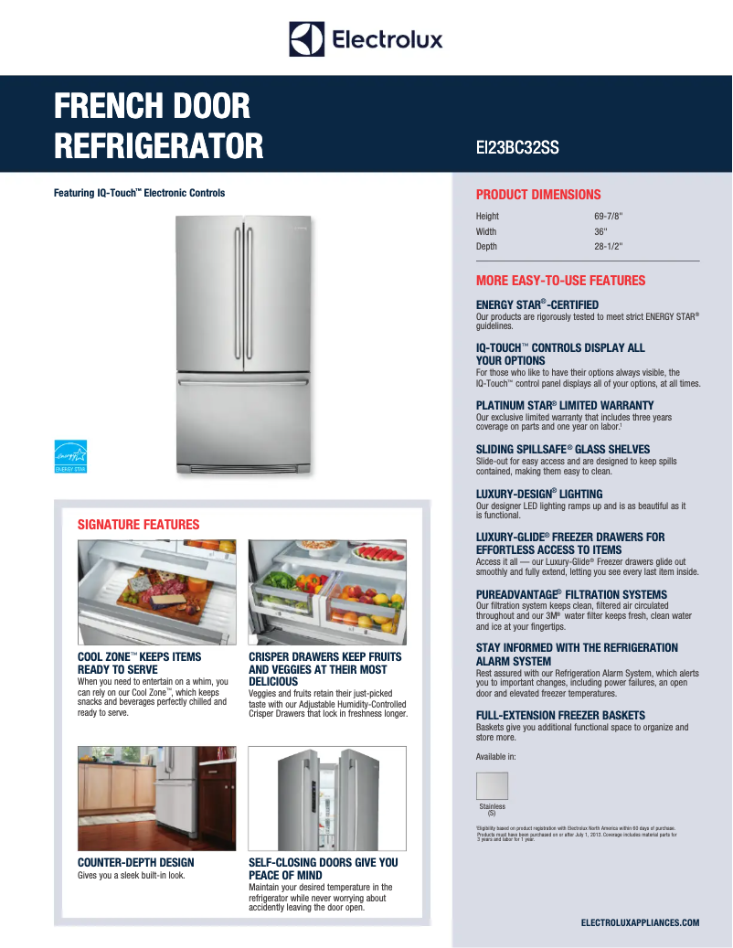 Page 1 de la notice Fiche technique Electrolux EI23BC32S
