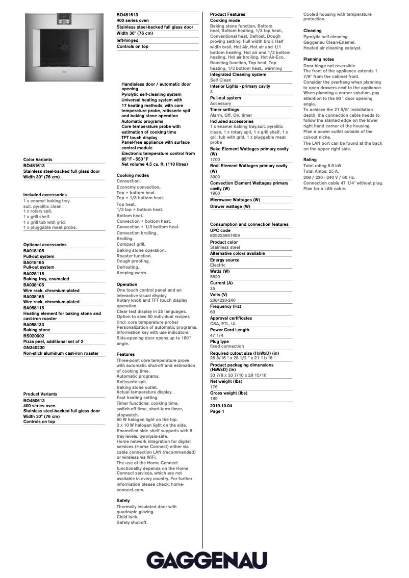 Page 1 de la notice Fiche technique Gaggenau BO480613
