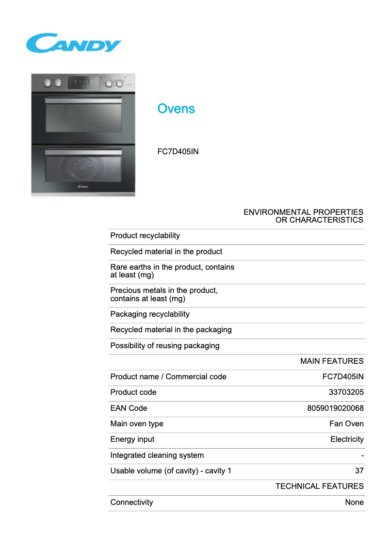 Page 1 de la notice Fiche technique Candy FC7D405IN