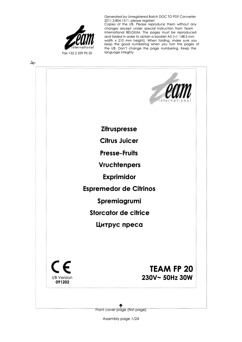 Image de la première page du manuel de l'appareil FP 20 O