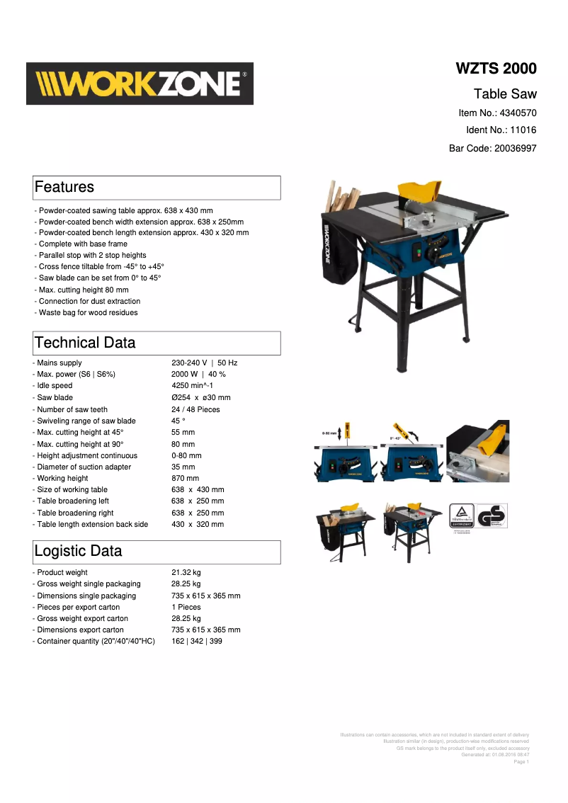 Page 1 de la notice Fiche technique Workzone WZTS 2000