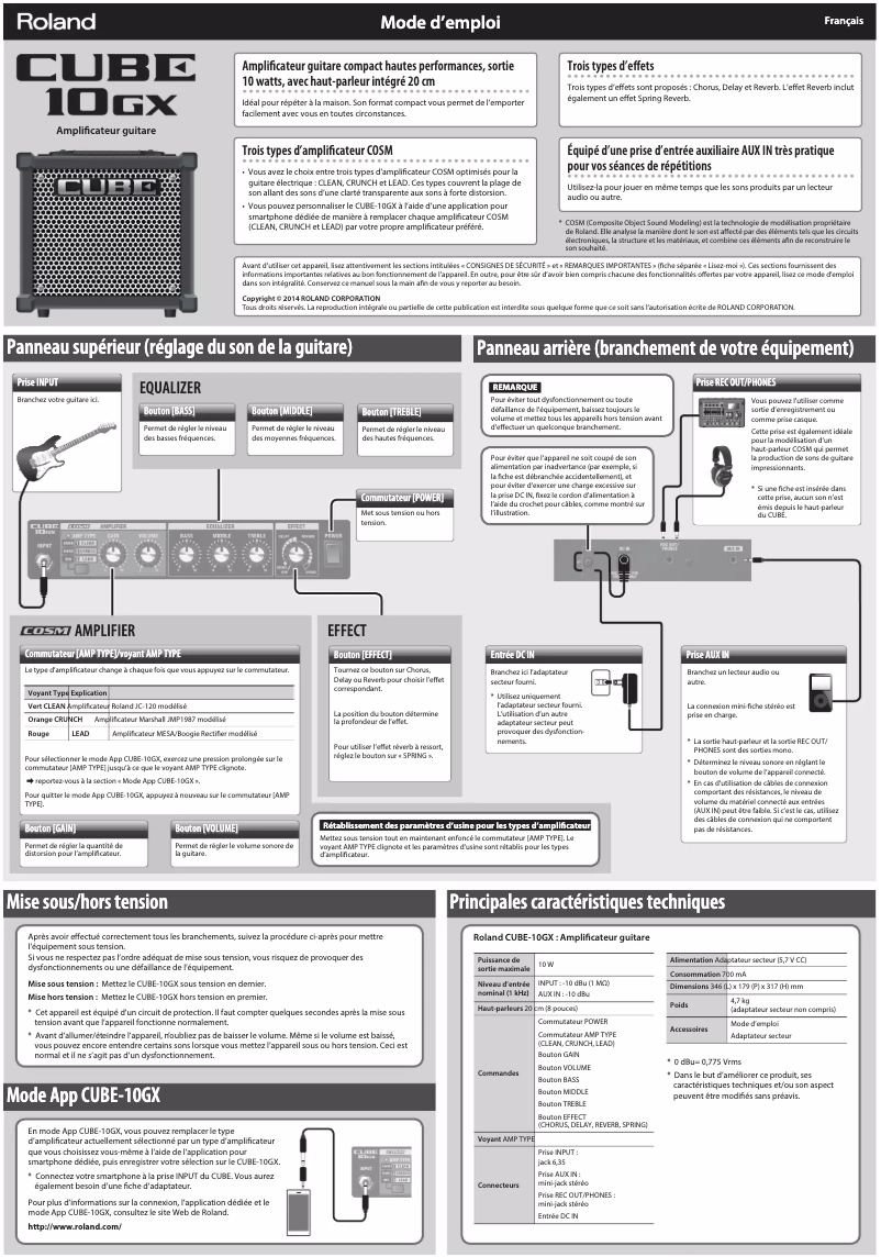 Page 1 de la notice Manuel utilisateur Roland CUBE-10GX